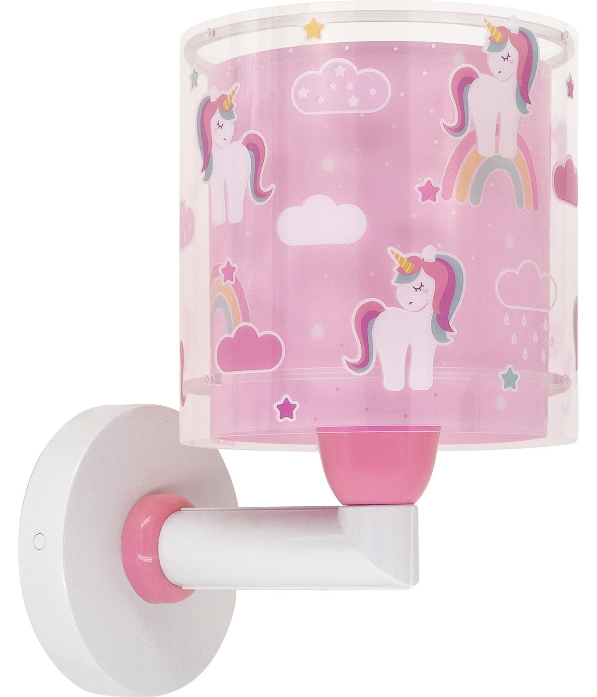 Lampada da parete a tema unicorno rosa. Ha una base rosa e un paralume cilindrico con illustrazioni di unicorni.