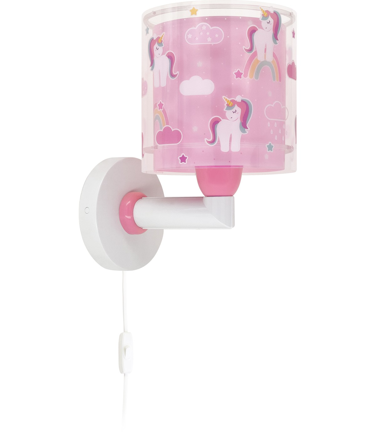 Una lampada da parete bianca con paralume a unicorno rosa, cavo bianco e interruttore.