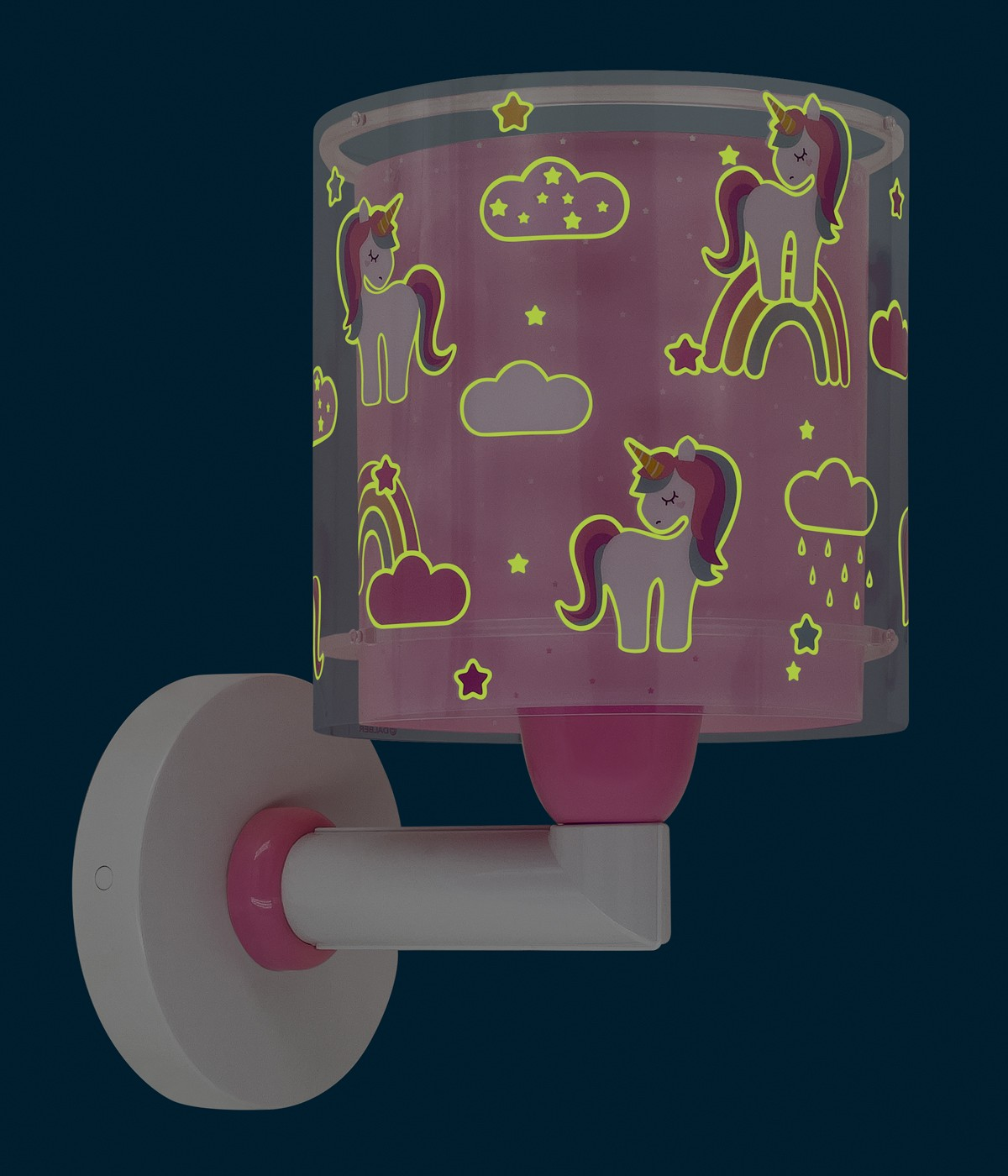 Una lampada da parete con un design di unicorno rosa, base rosa e sfondo azzurro.