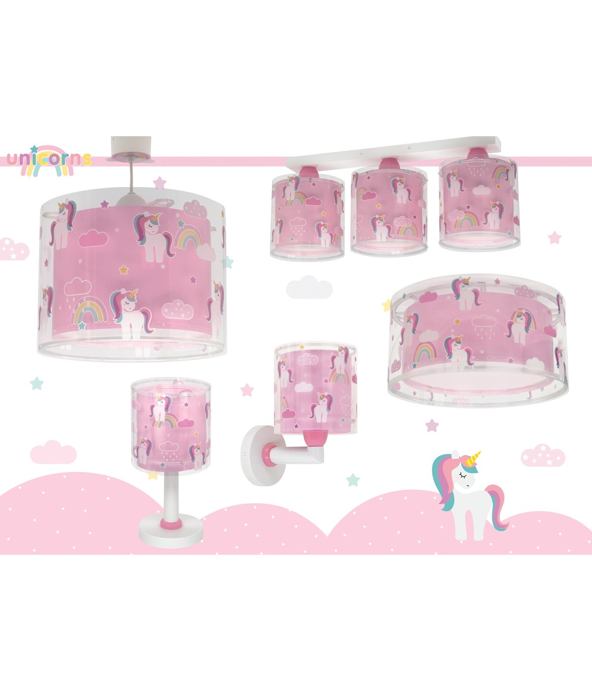 Varietà di lampade e luci a tema unicorno in rosa, con unicorni e arcobaleni.