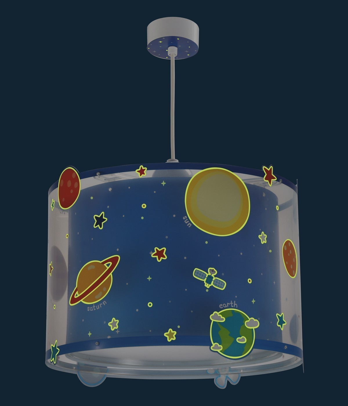Una lámpara azul con planetas y estrellas, un cilindro transparente y una base azul.