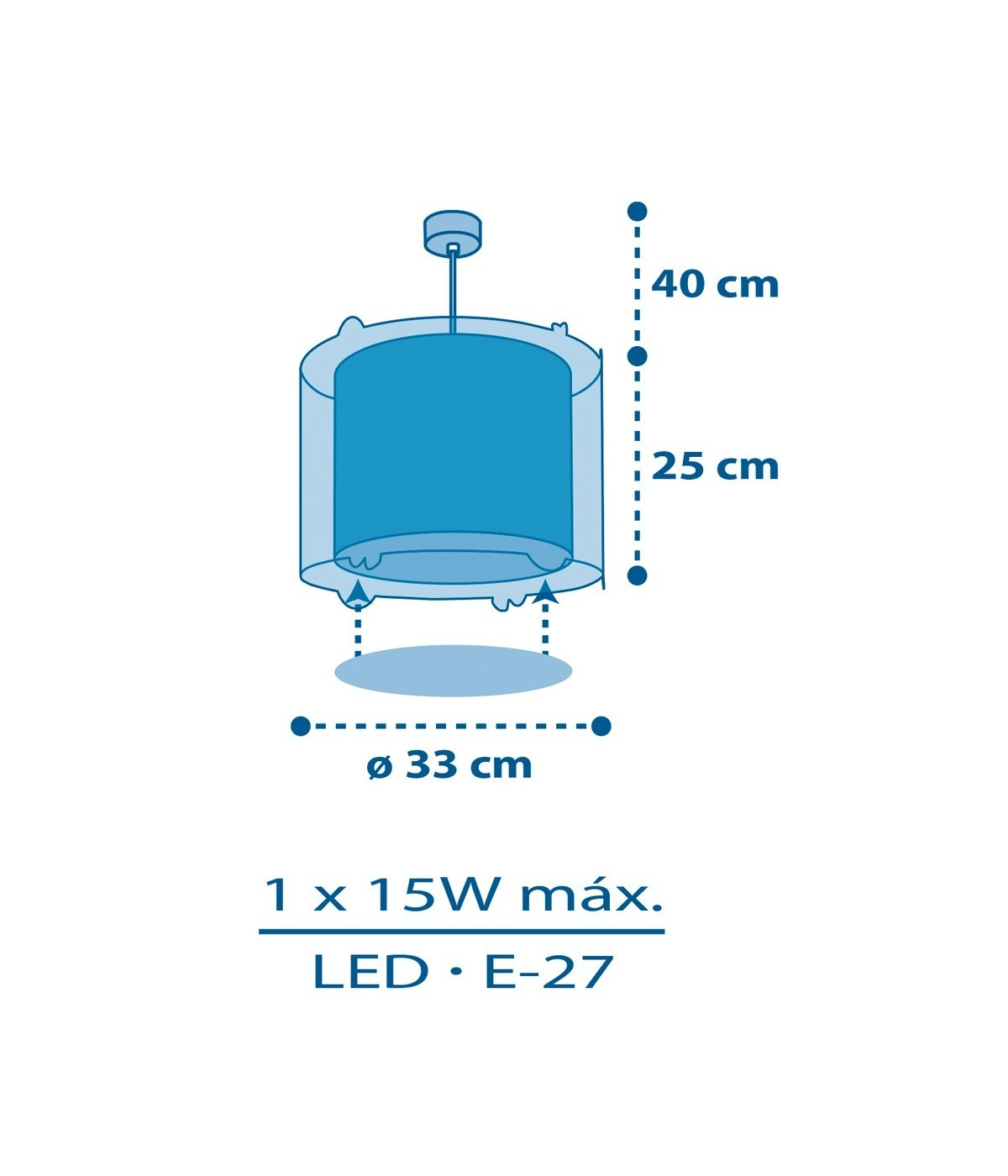 Pantalla de lámpara cilíndrica azul con medidas. El texto dice 1 x 15W máx. LED, E-27.