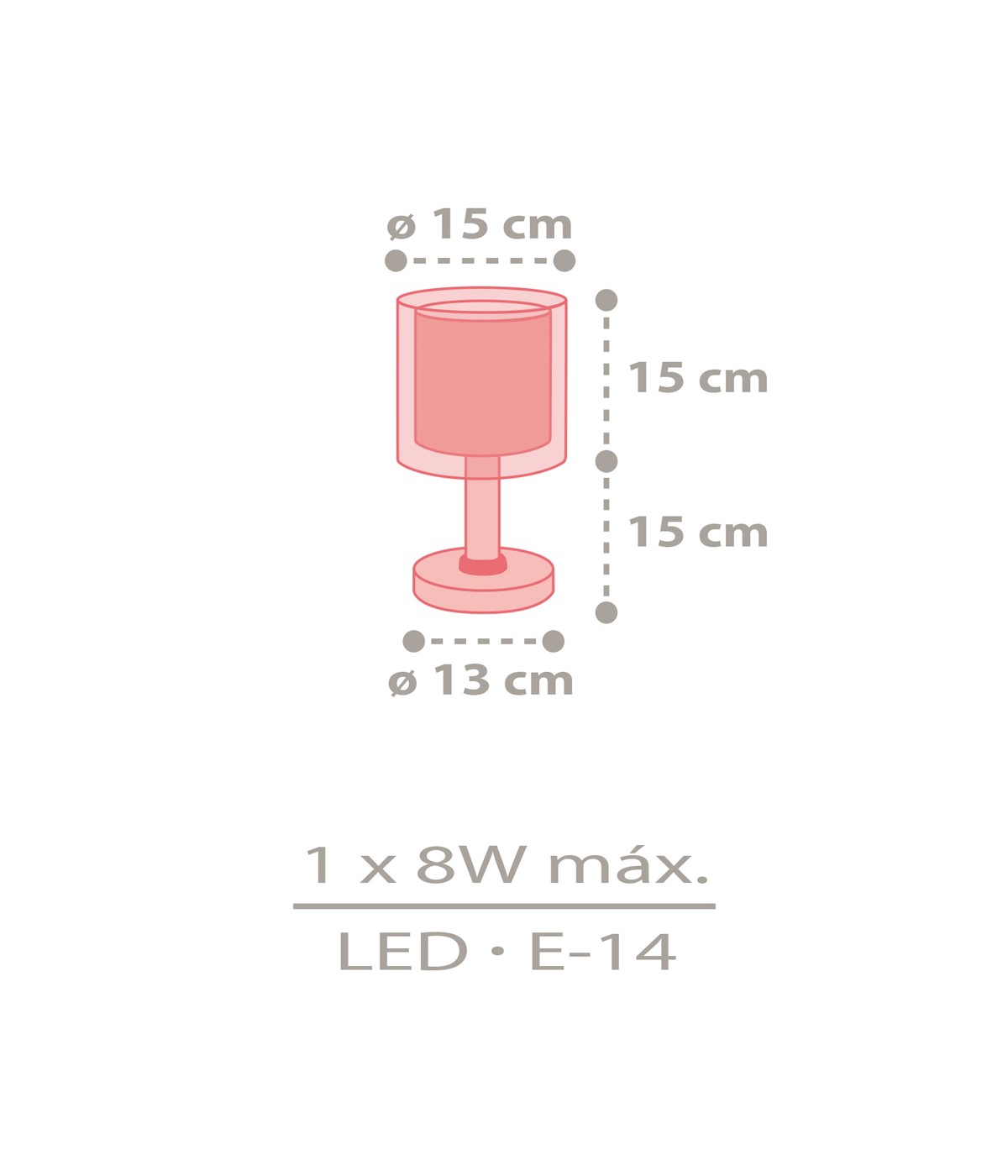 Diagrama de una lámpara de mesa rosa con dimensiones y especificaciones.