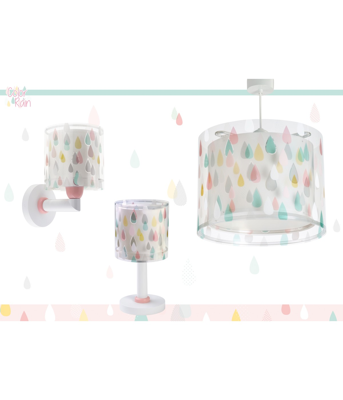 Tres lámparas con un diseño de gotas de lluvia coloridas, con accesorios blancos, sobre un fondo blanco.