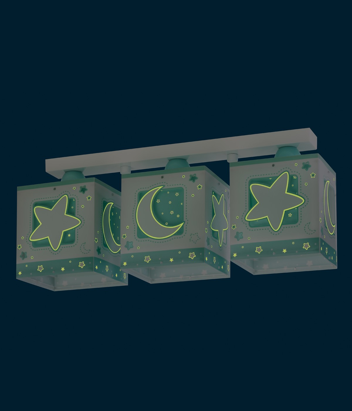Una lámpara de tres luces con diseños de estrellas y lunas. Combinación de colores verde azulado y blanco.