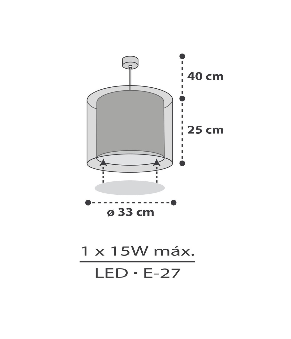 Dibujo técnico de una lámpara colgante, dimensiones en cm y especificaciones.