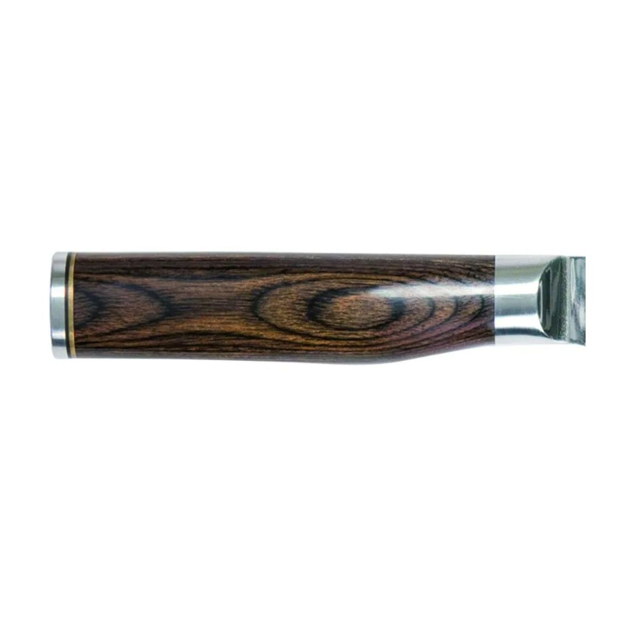 Nahaufnahme eines Holzmessgriffs mit silberner Zwinge.