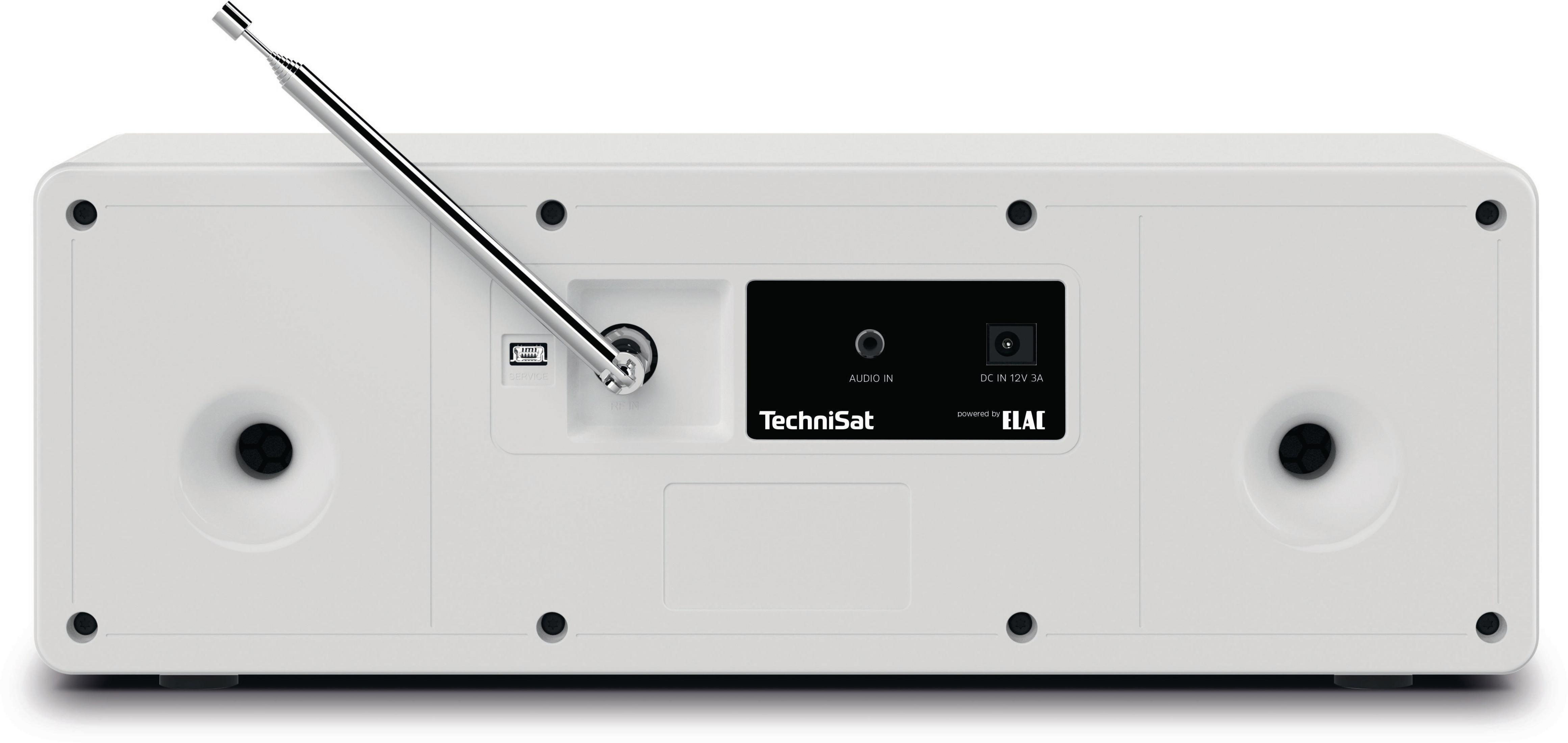 Radio TechniSat blanche avec antenne, port USB et entrée audio.