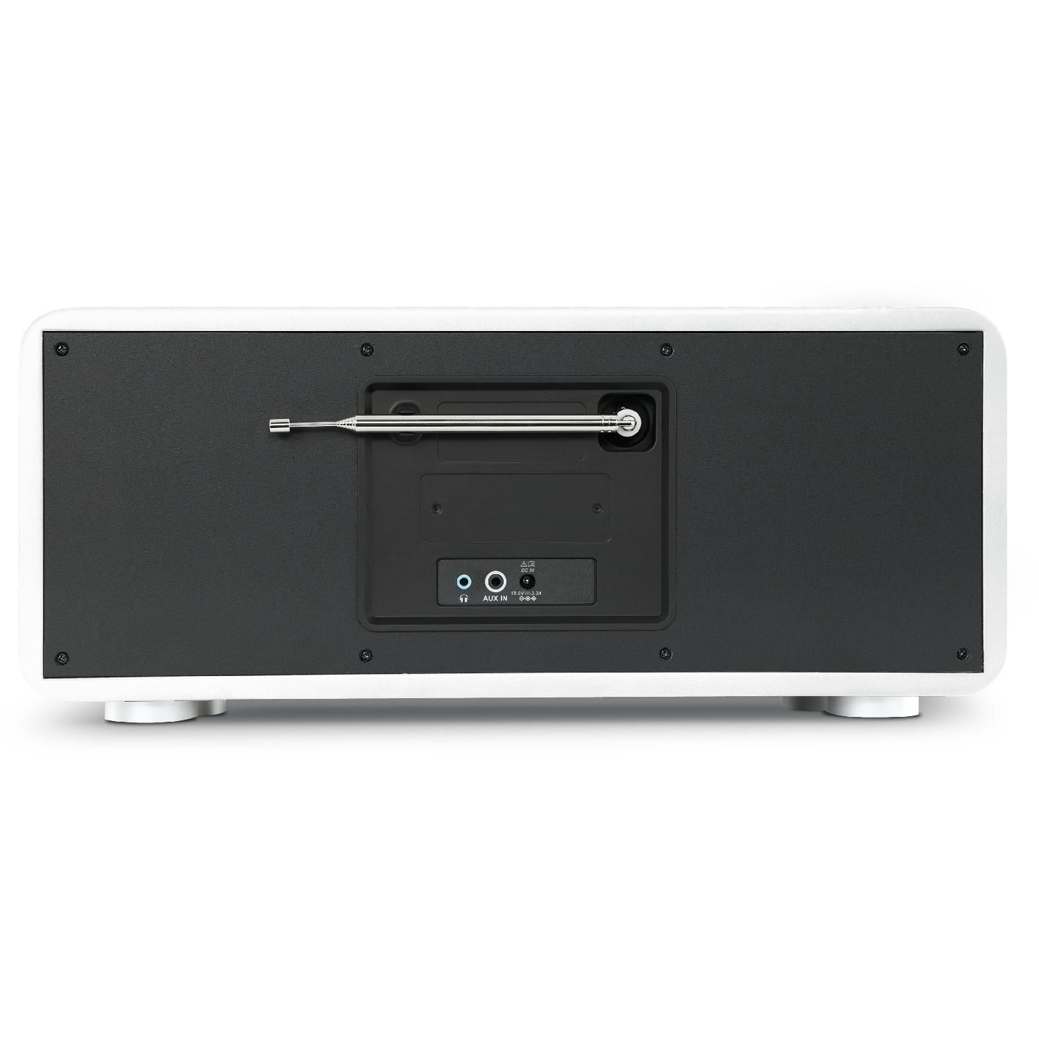 Rear view of a white radio with a black panel and antenna.