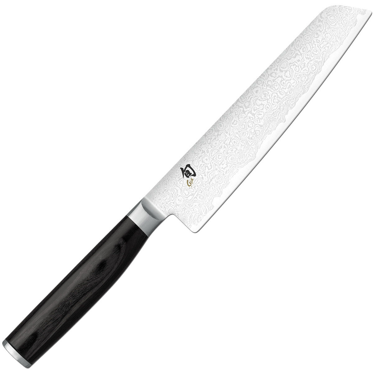 Ein Messer mit schwarzem Griff und silberner Klinge mit strukturierter Oberfläche.