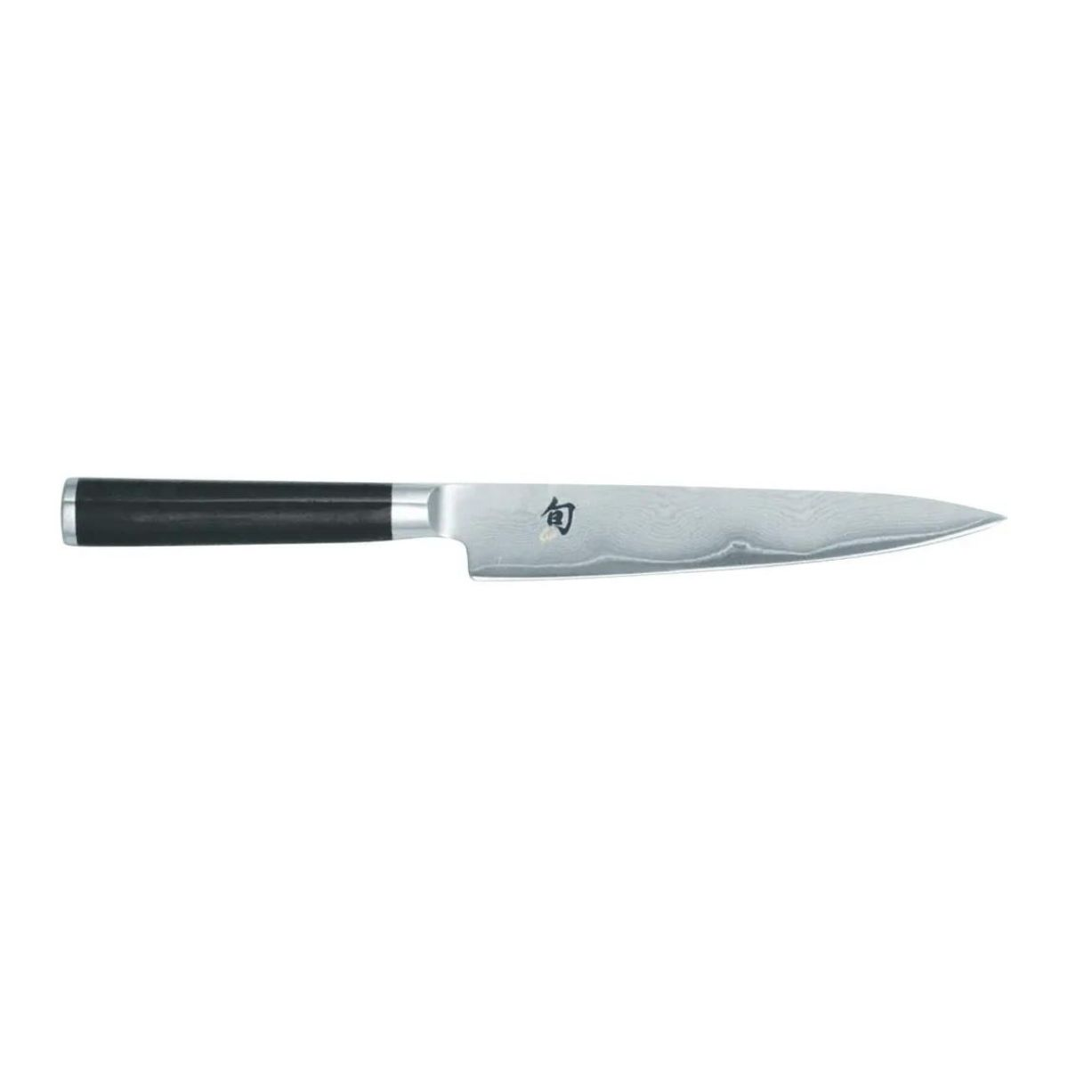Ein Messer mit schwarzem Griff und silberner Klinge mit strukturierter Oberfläche.