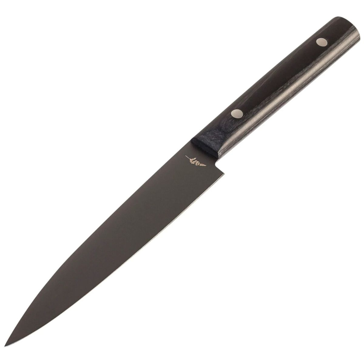 Schwarzes Küchenmesser mit schwarzem Griff auf weißem Grund.