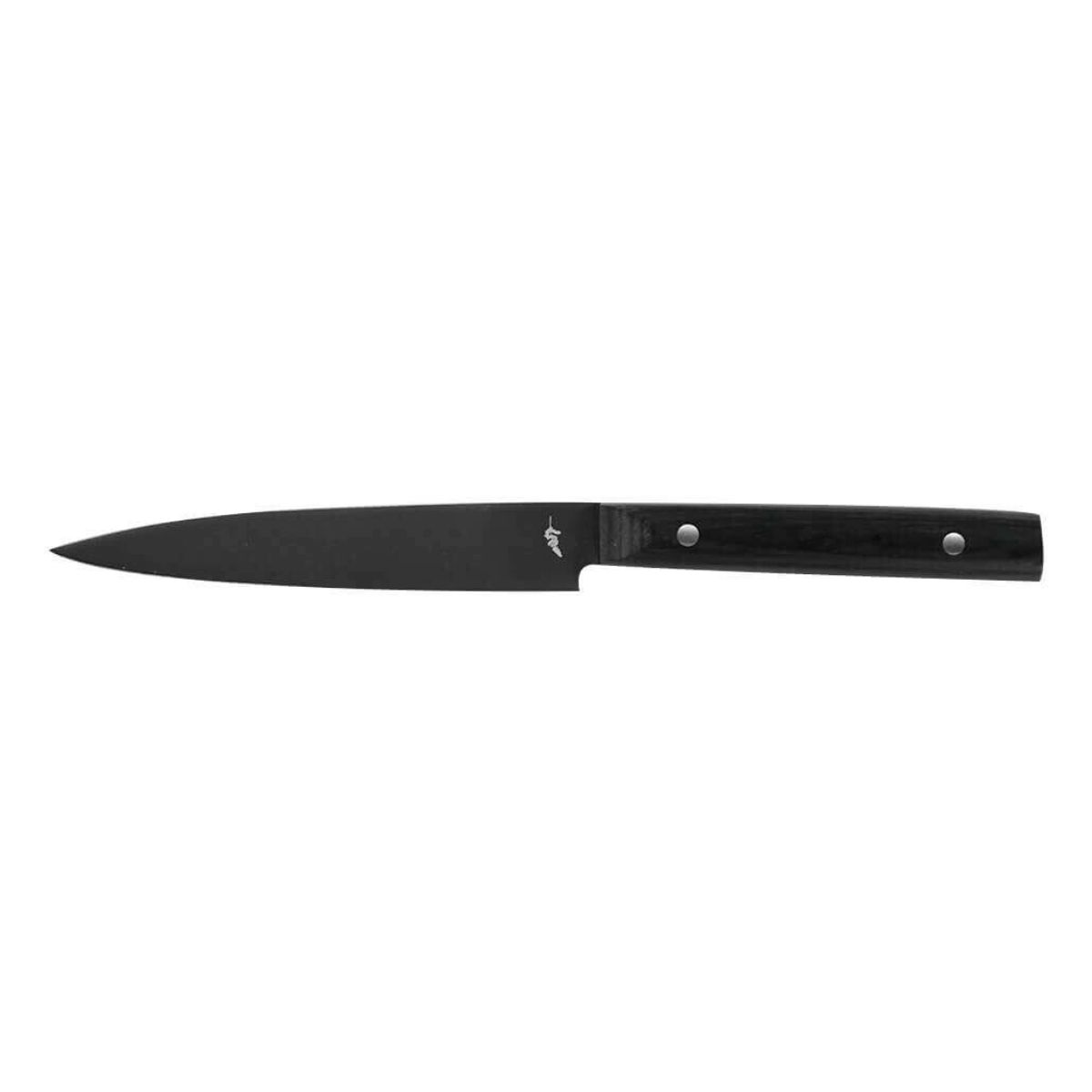 Ein schwarzes Messer mit schwarzem Griff und einer scharfen, spitzen Klinge.