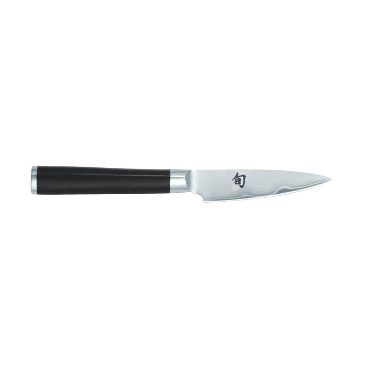 Ein kleines Schälmesser mit schwarzem Griff. Die Klinge ist silberfarben.