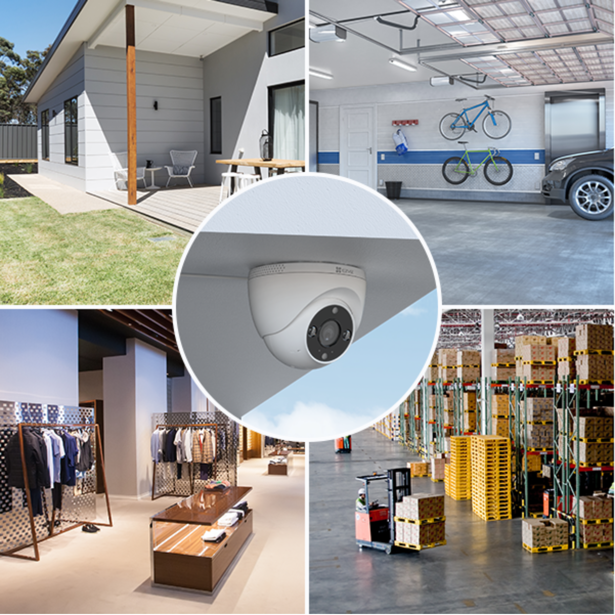 Kolaż: Dom, garaż z rowerami, kamera bezpieczeństwa, sklep odzieżowy i magazyn z paletami.