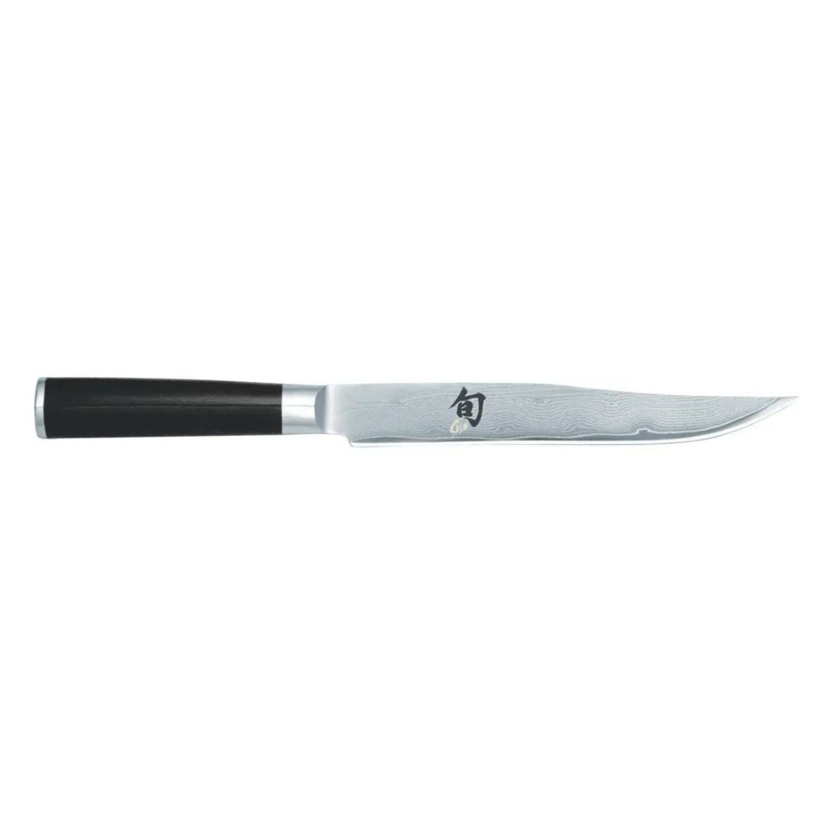Ein Messer mit schwarzem Griff und silberner Klinge liegt auf einer weißen Oberfläche.
