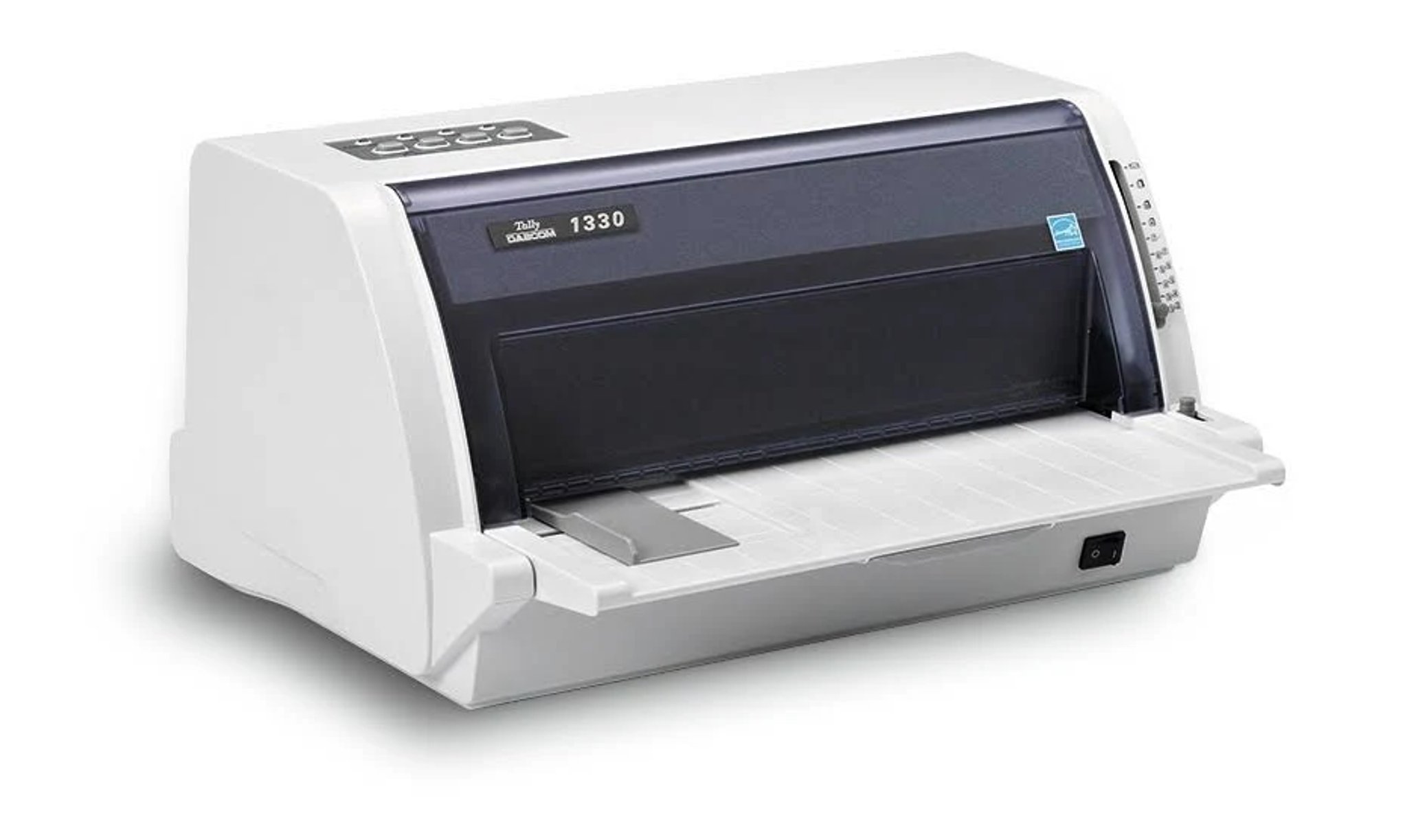 Biała drukarka igłowa, czarny panel przedni. Posiada tacę i przyciski sterowania.