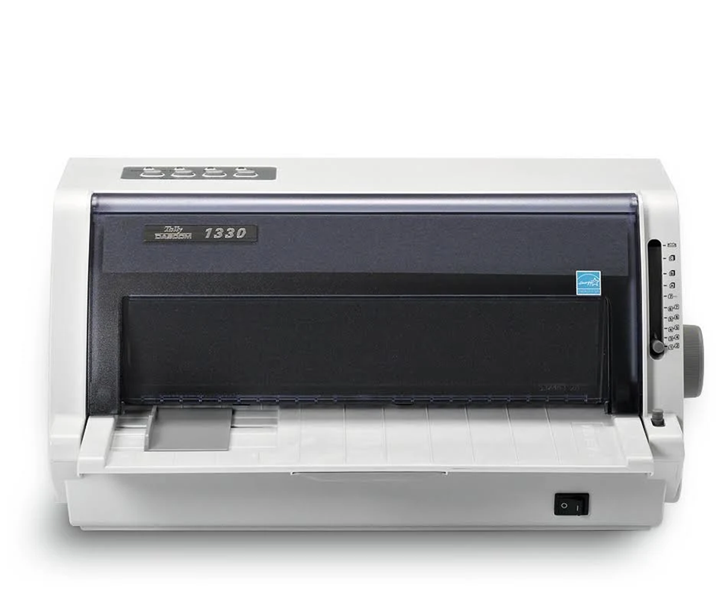 Biała drukarka igłowa, czarny panel przedni. Posiada tacę i przyciski sterowania.