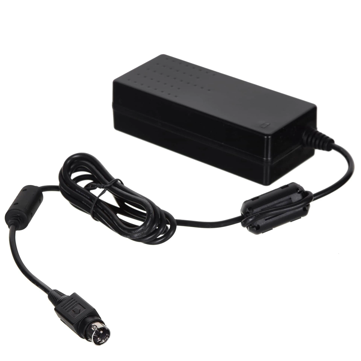 Czarny zasilacz z kablem i złączem. Ma małe złącze na końcu.