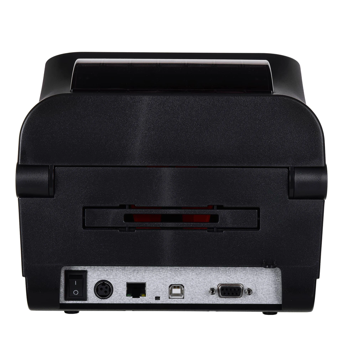 Widok z tyłu czarnej drukarki. Posiada porty zasilania, Ethernet, USB i szeregowy.