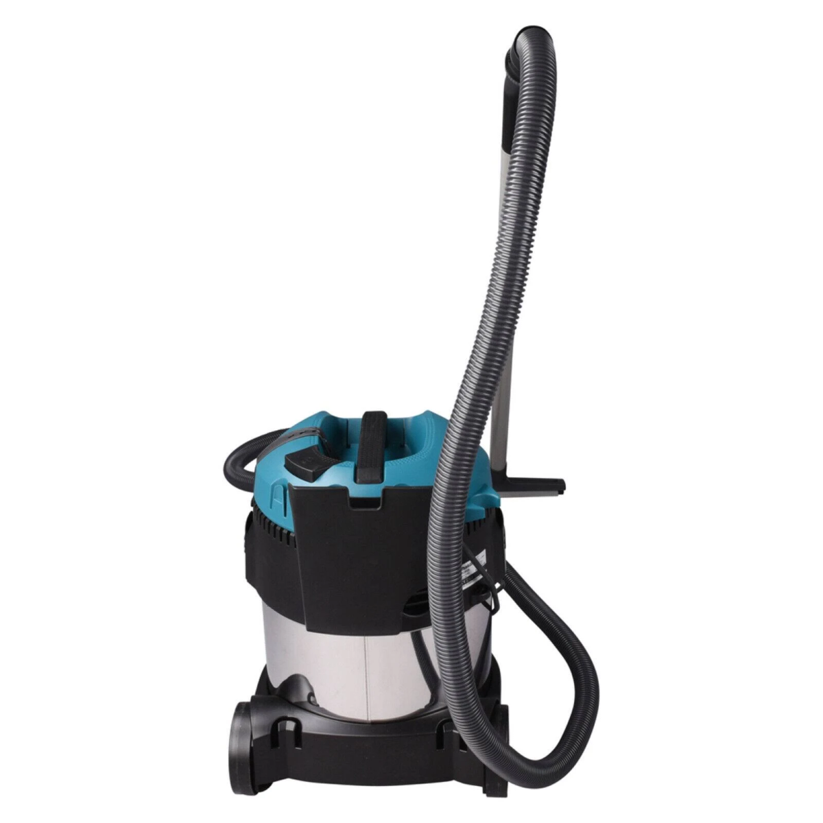 Un aspirapolvere per liquidi e solidi. Ha un coperchio blu, corpo in acciaio inox e un tubo nero. Sfondo bianco.