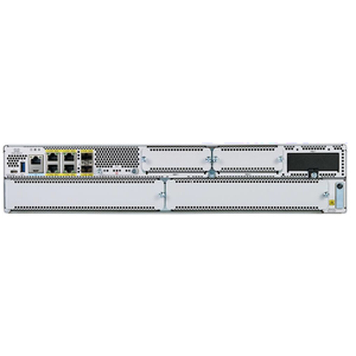 Silberner und weißer Rack-Server. Schwarze Anschlüsse und Lüftungsschlitze. Weißer Hintergrund.