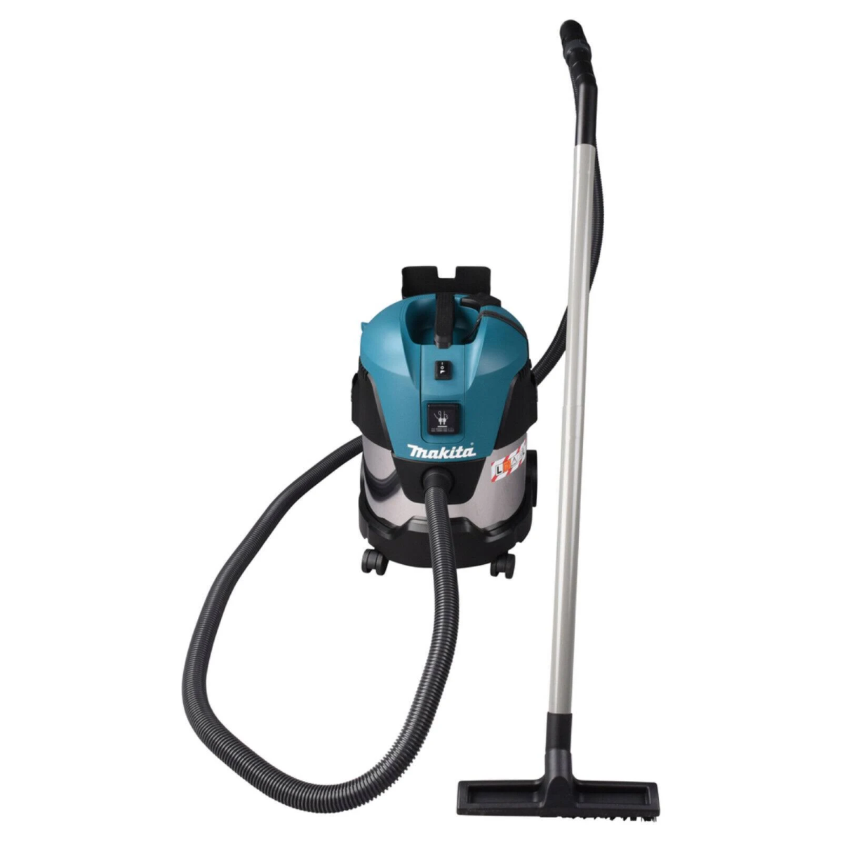 Aspirapolvere Makita blu e argento con tubo lungo.
