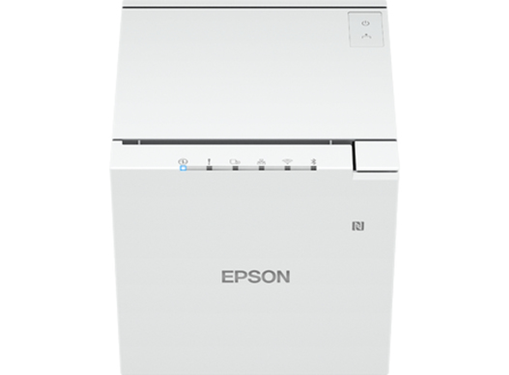 Ein weißer Epson-Drucker, Draufsicht, mit verschiedenen Kontrollleuchten und dem Epson-Logo vorne.