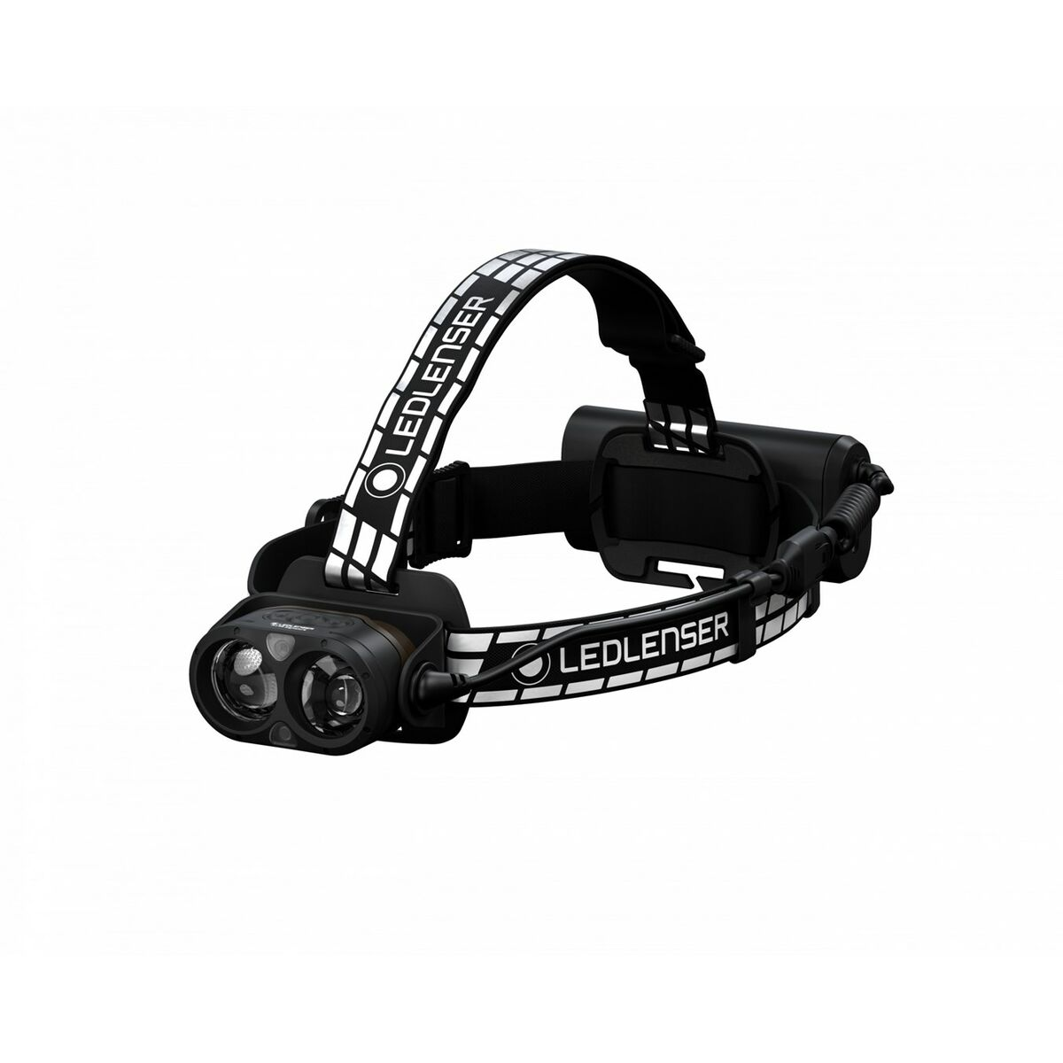 Eine schwarze Stirnlampe mit weißem LEDLENSER-Band vor weißem Hintergrund.