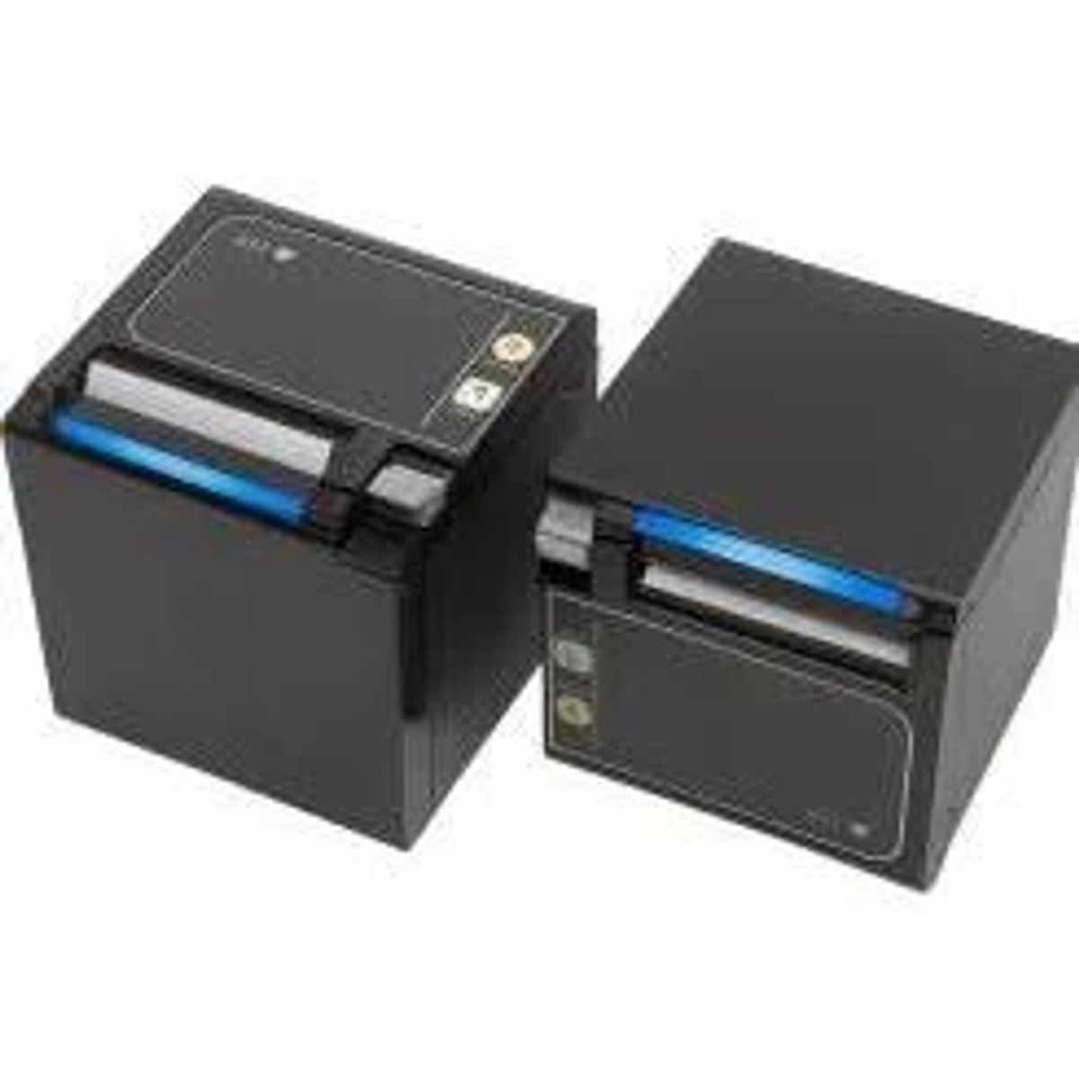 Zwei schwarze POS-Drucker mit blauen Lichtakzenten. Sie stehen vor weißem Hintergrund.