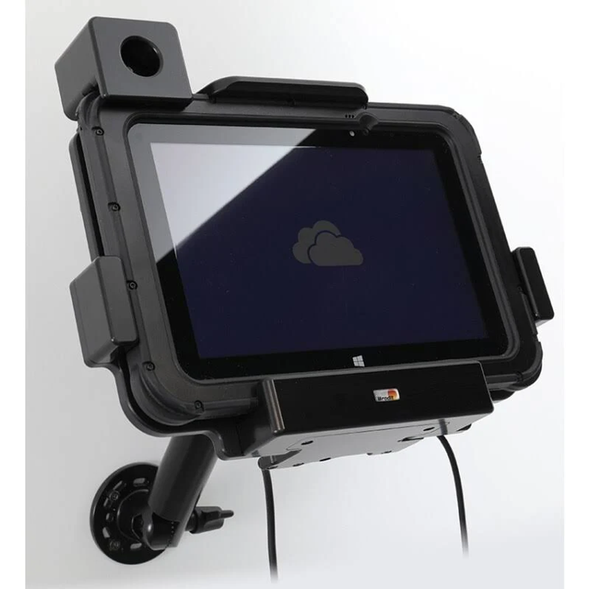 Tablet an einer Wandhalterung befestigt. Tablet ist schwarz mit dunklem Bildschirm. Halterung ist ebenfalls schwarz.