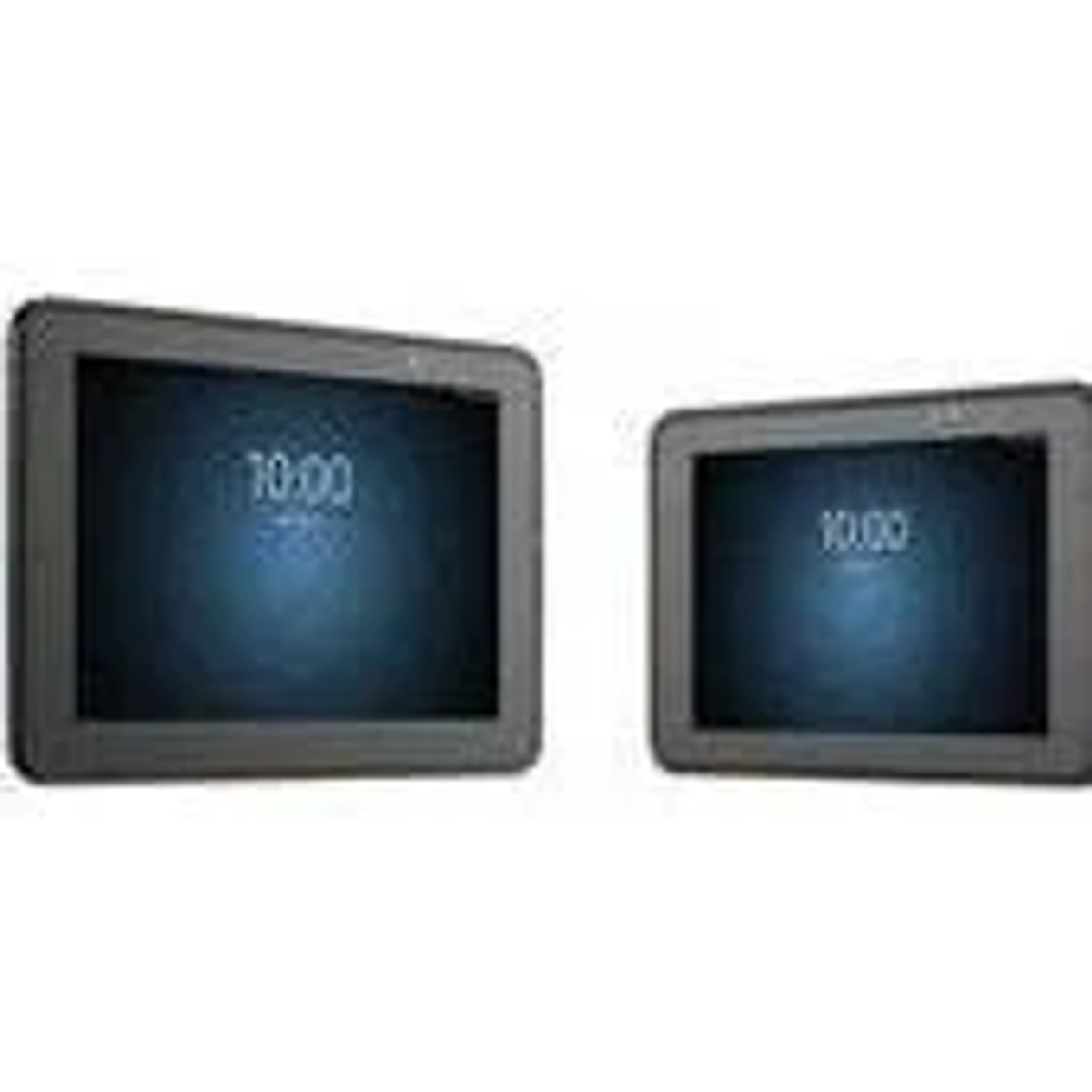 Zwei Tablets, die die Uhrzeit 10:00 Uhr auf einem dunkelblauen Bildschirm anzeigen.