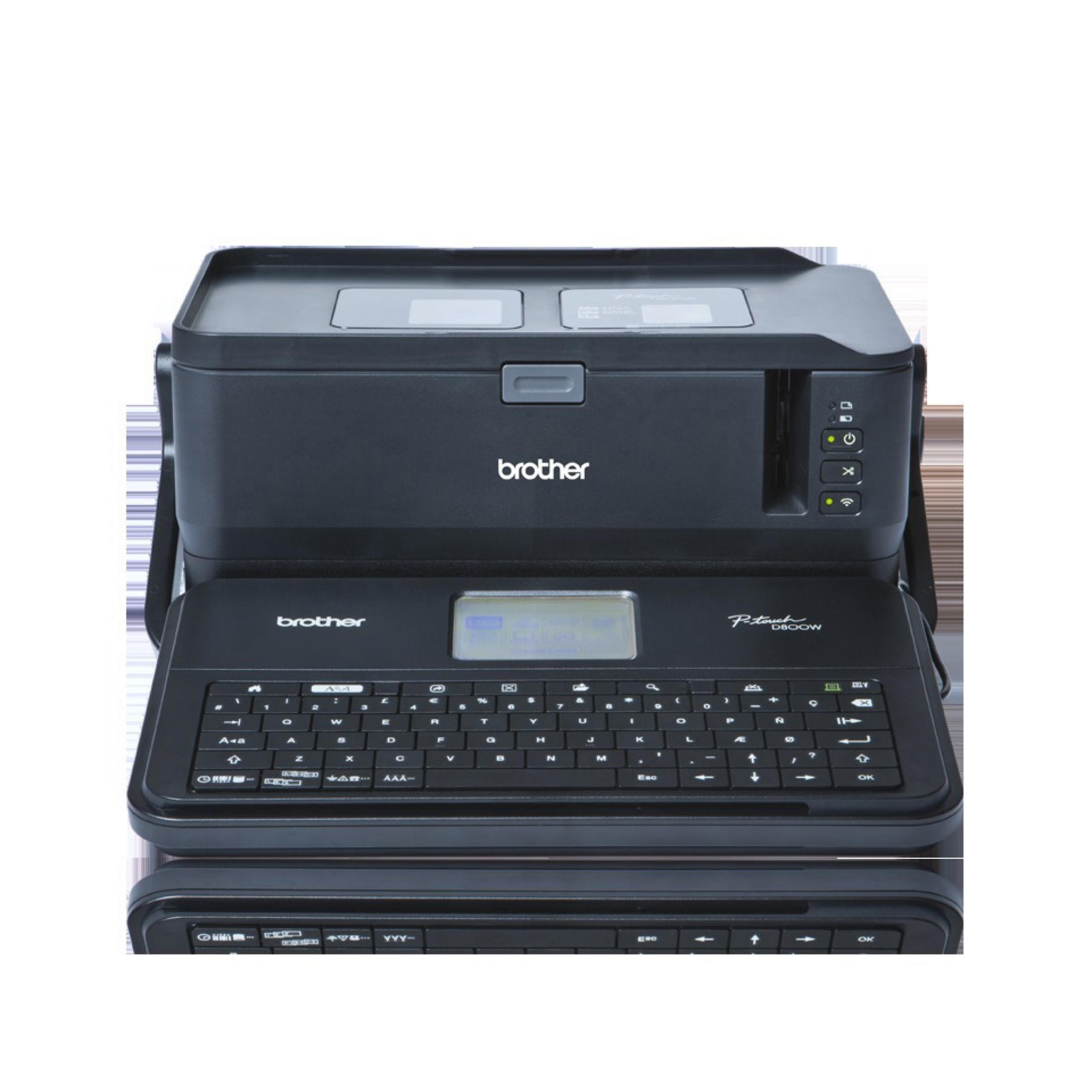 Ein schwarzes Brother-Etikettiergerät mit Tastatur. Zwei Etikettenfächer oben.