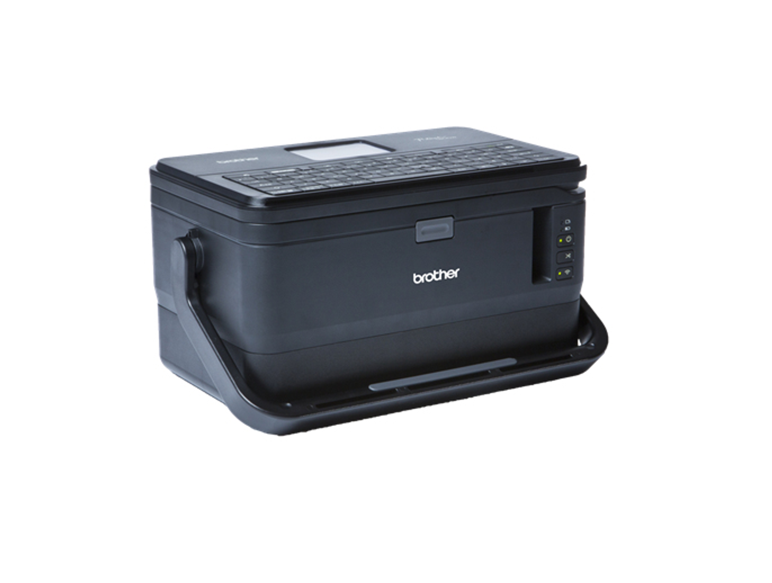Schwarzer Brother Etikettendrucker mit Tastatur und Display.