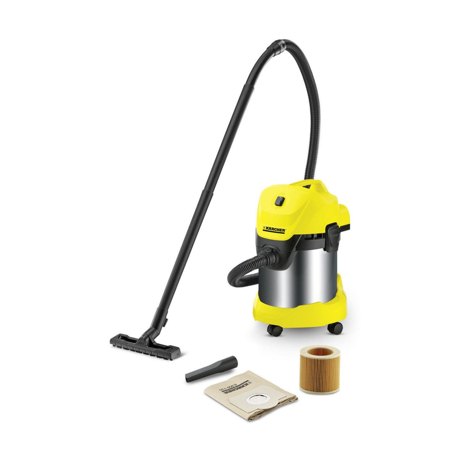 Aspirapolvere giallo con accessori.