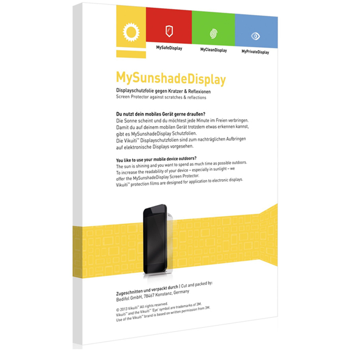 Eine Produktbox mit Text und einer Grafik eines Handys. Es ist ein Displayschutz für Mobilgeräte.