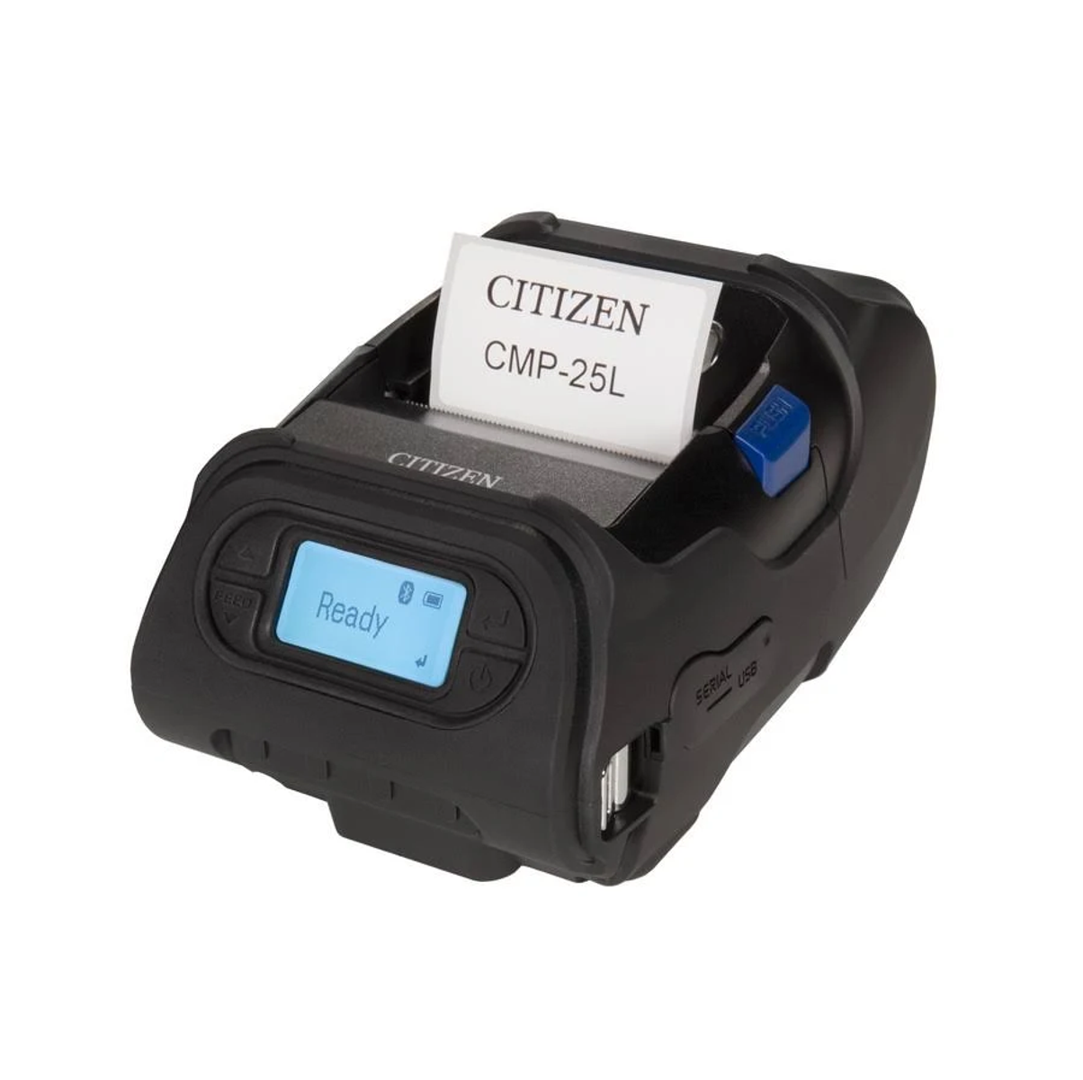 Schwarzer und grauer tragbarer Drucker. Der Drucker druckt ein Etikett mit der Aufschrift CITIZEN CMP-25L.