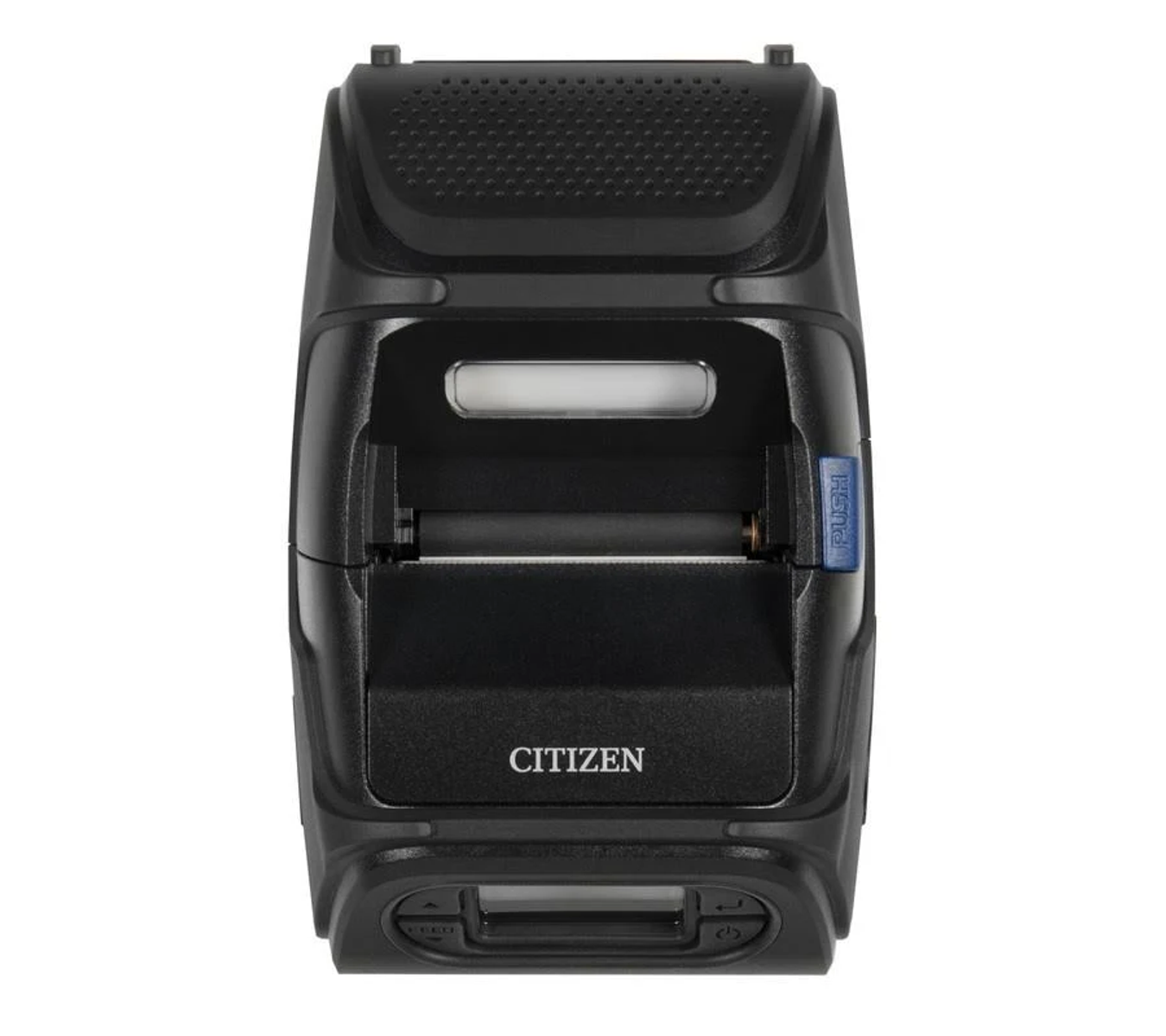 Schwarzer Citizen-Drucker mit Papierrolle und blauem 'Push'-Knopf, isoliert auf Weiß.