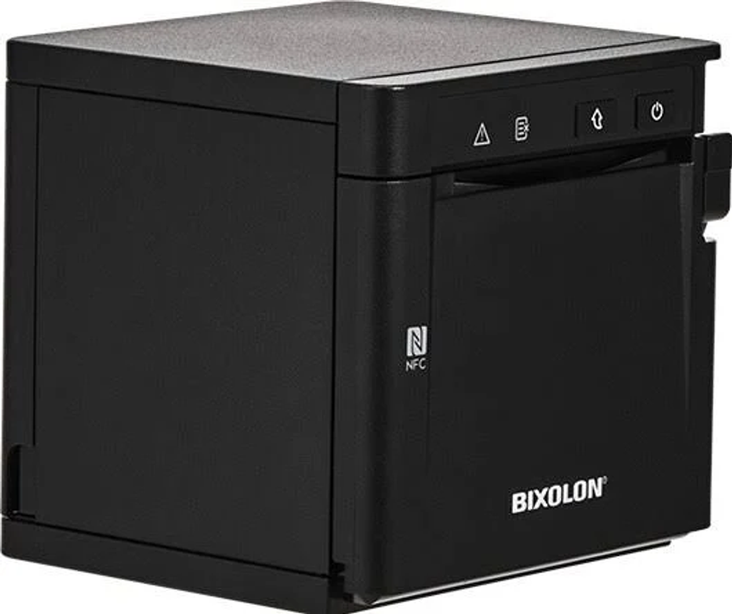 Schwarzer Bixolon-Thermodrucker. Er hat Tasten und ein NFC-Logo. Der Hintergrund ist weiß.