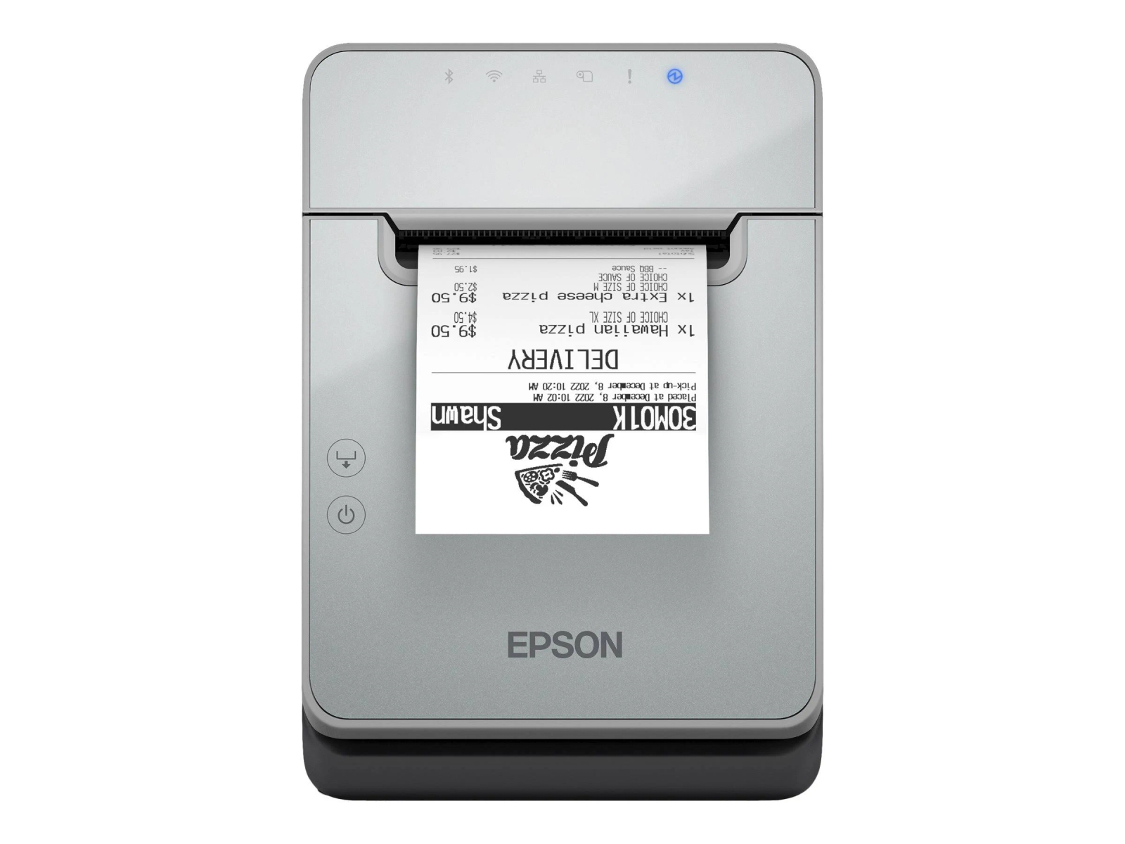 Ein grauer Drucker, der einen Pizzalieferungsbeleg druckt. Das Epson-Logo ist sichtbar, ebenso wie der Pizzaname.