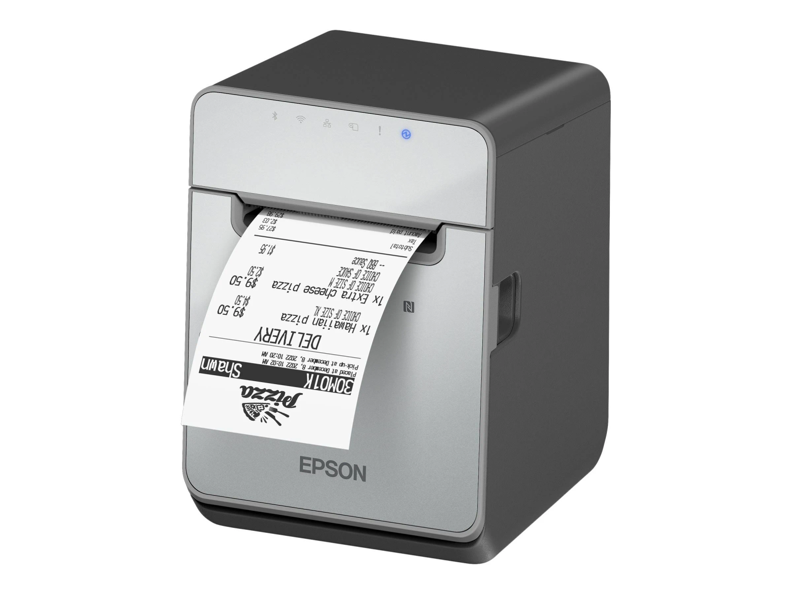 Ein Epson-Thermodrucker, der einen Beleg druckt. Grau-schwarzes Design, weißer Hintergrund.