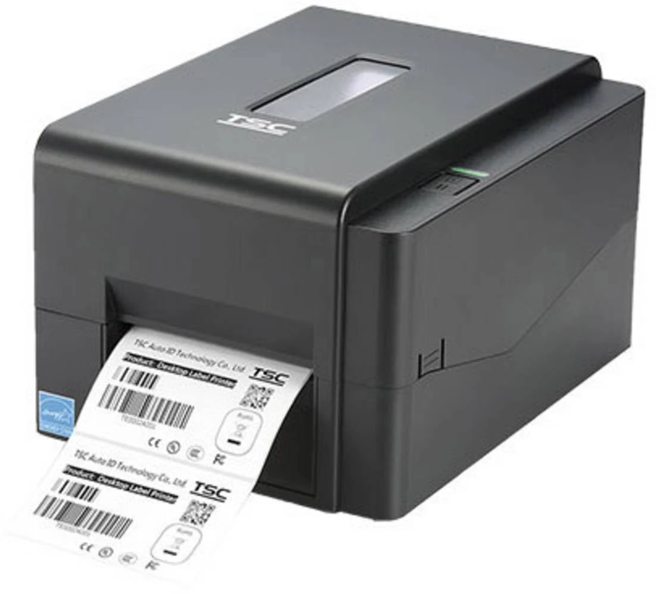 Ein schwarzer Etikettendrucker mit einem herauskommenden Etikett. Der Drucker druckt weiße Etiketten mit Barcode.