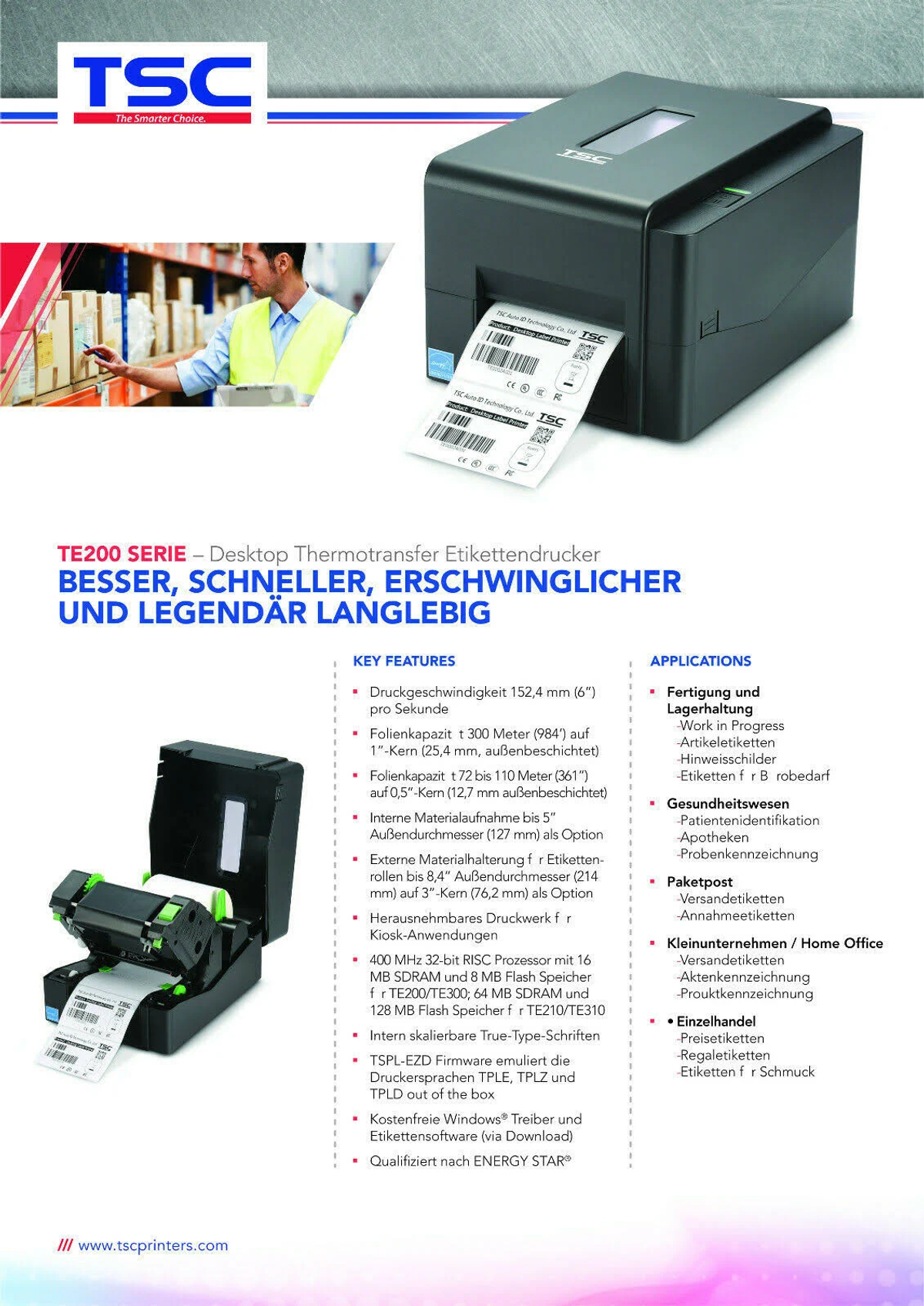 Ein Produktinformationsblatt für einen Etikettendrucker mit Details und Bildern.