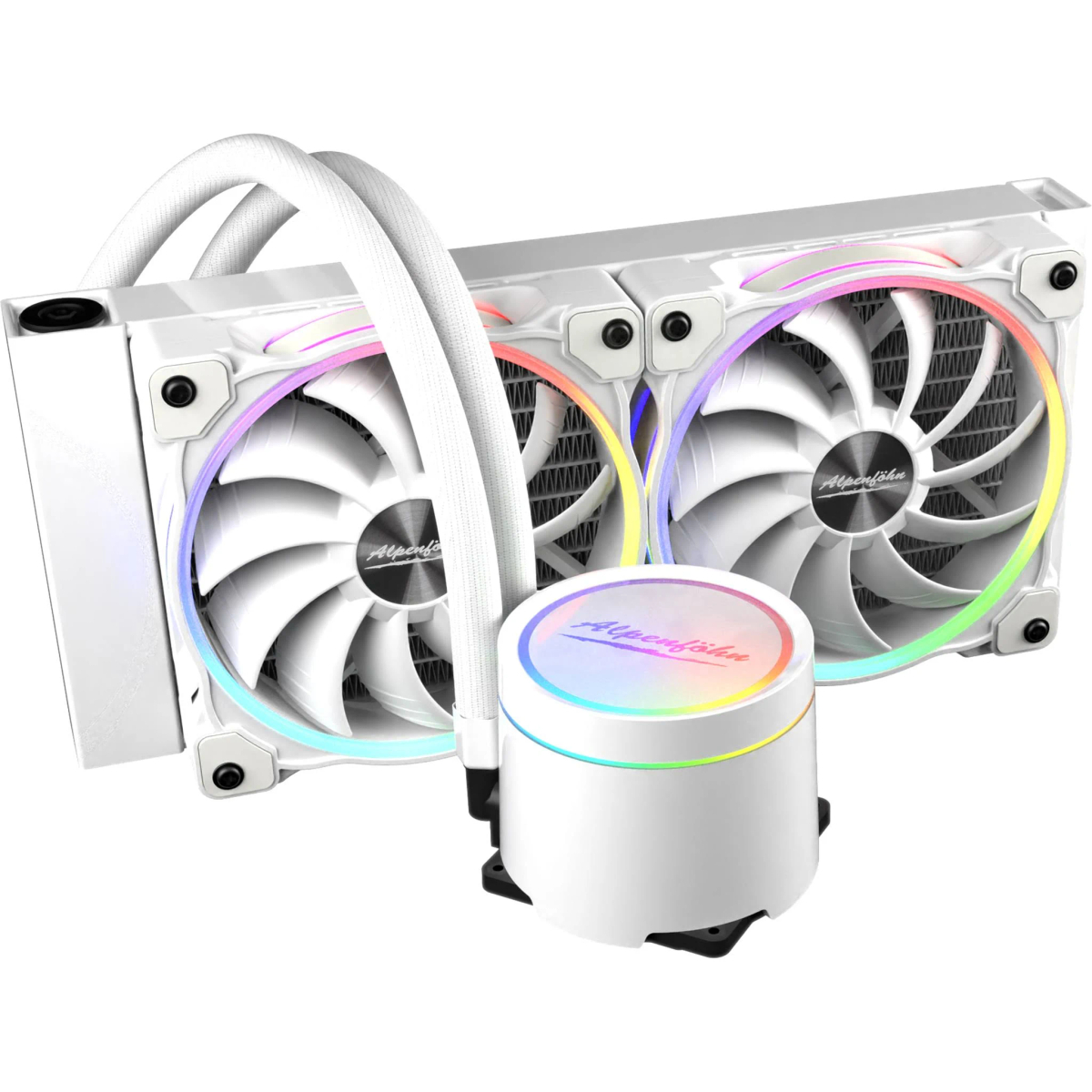 Weißes PC-Kühlsystem mit zwei Lüftern und einer Kreiselpumpe. Weißer Hintergrund.