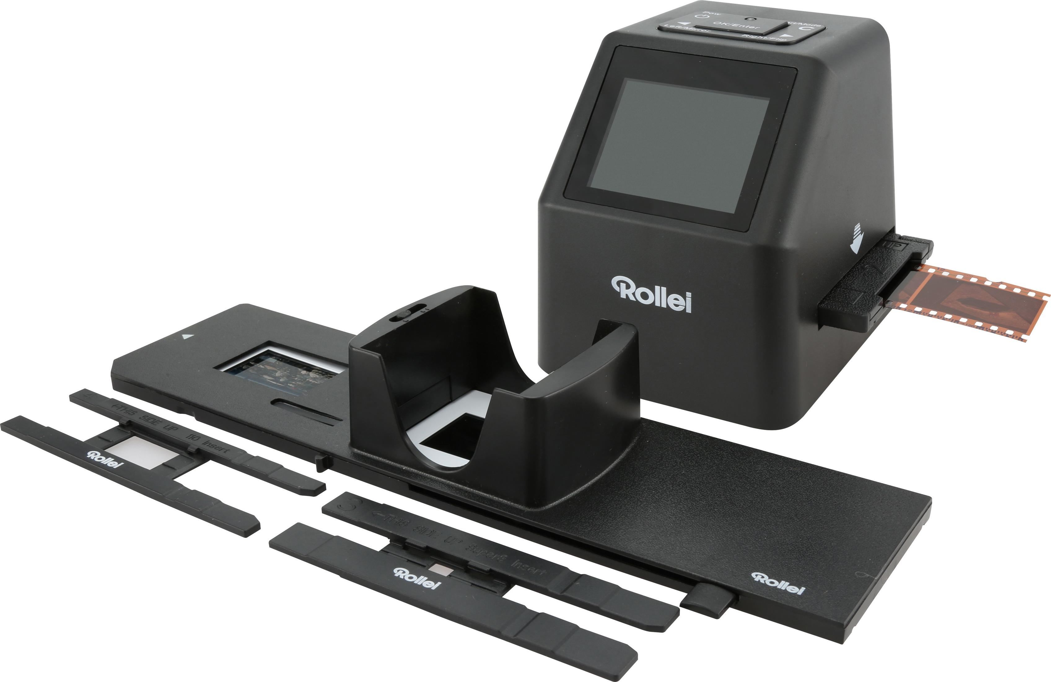 Schwarzer Filmscanner mit Zubehör: Filmhalter, Diarahalter. Weißer Hintergrund.