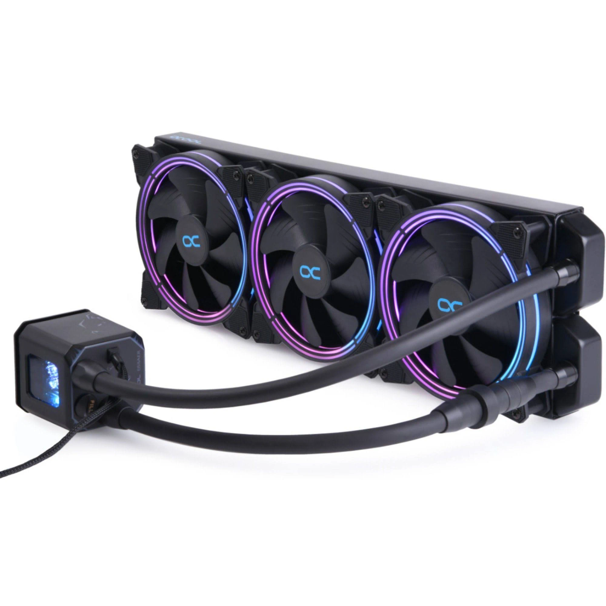 Flüssigkeitskühlsystem für Computer mit drei Lüftern und Schläuchen. Blaue, lila und rosa Beleuchtung.