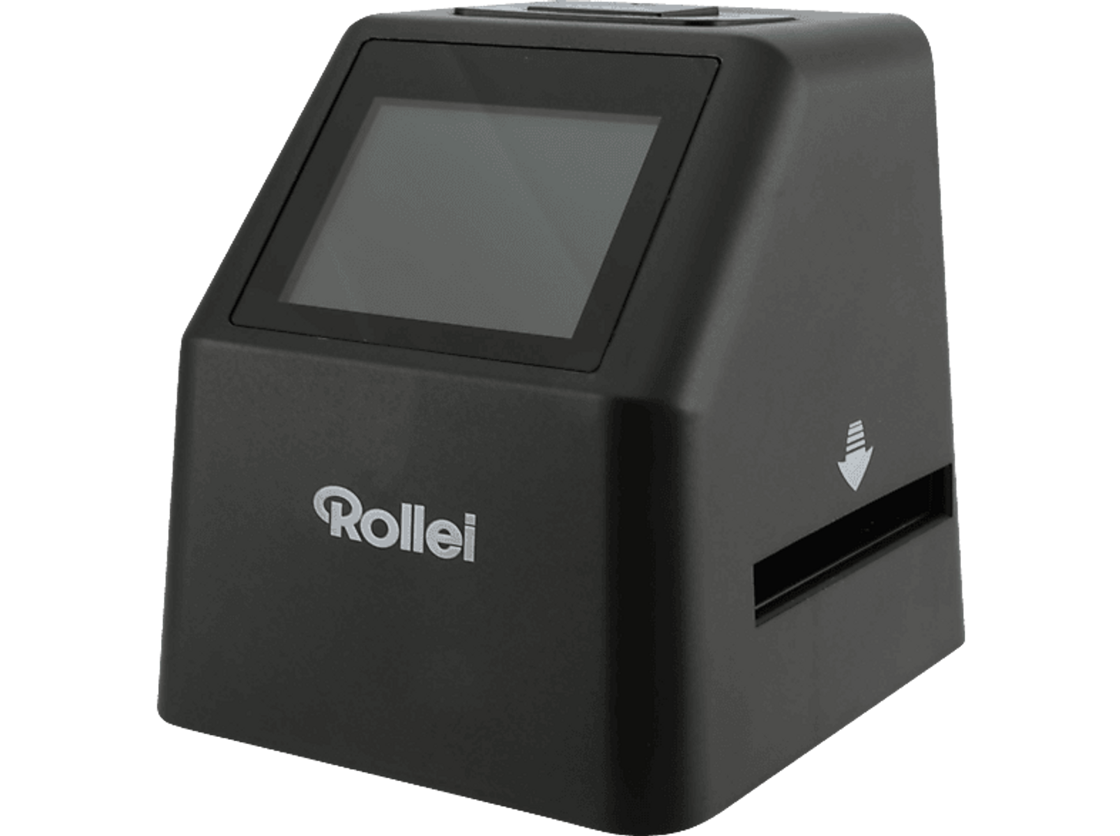 Schwarzer Fotoscanner mit einem Bildschirm und dem Rollei-Logo.