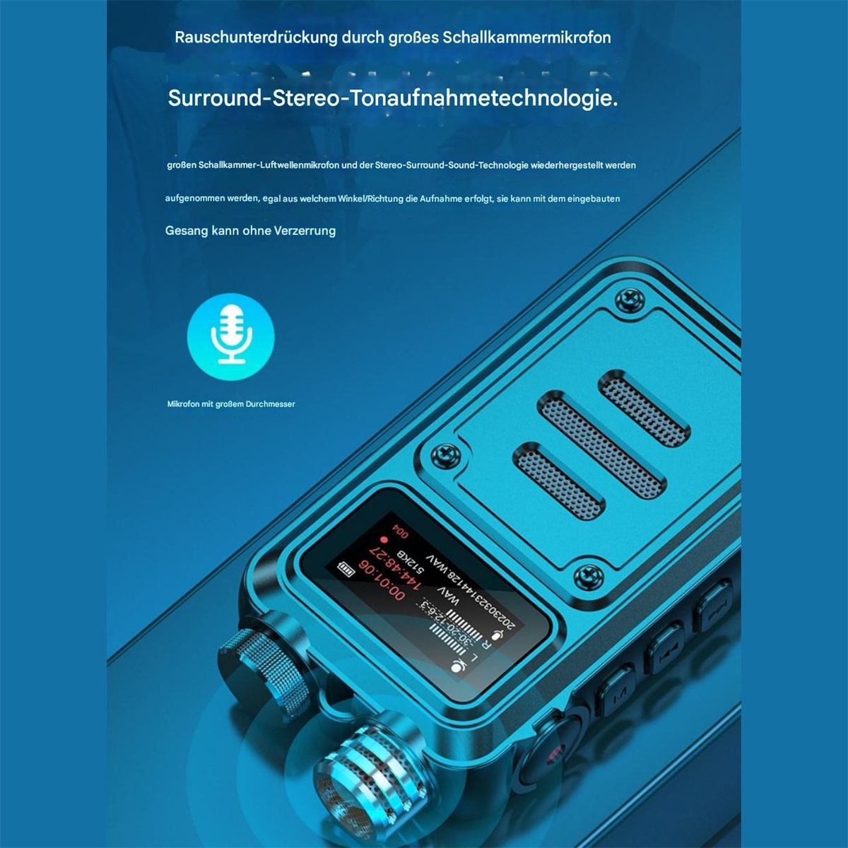 Blaues Audiogerät mit Bildschirm, der Informationen anzeigt. Mikrofon-Symbol sichtbar.