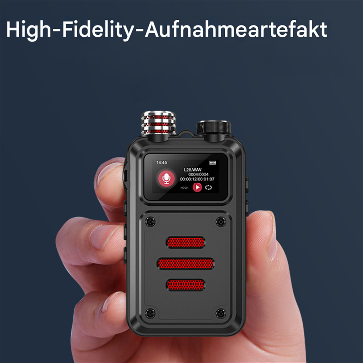 Ein schwarzes Aufnahmegerät mit einem Bildschirm, das in einer Hand gehalten wird.
