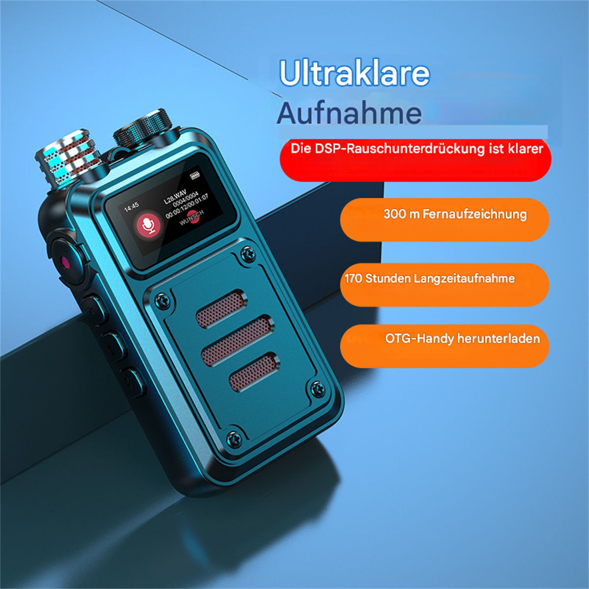 Ein kleiner blauer Digitalrekorder mit Bildschirm. Text auf Deutsch beschreibt Funktionen wie Rauschunterdrückung.